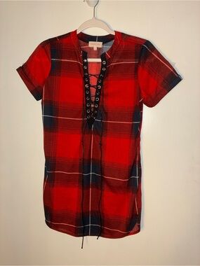 Urban Girl Red Plaid Lace-Up Tunic Shirt Dress -Medium